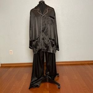 XL Lonxu Black Satin Shirt Pants pockets pajamas PJs PJ's set nightshirt